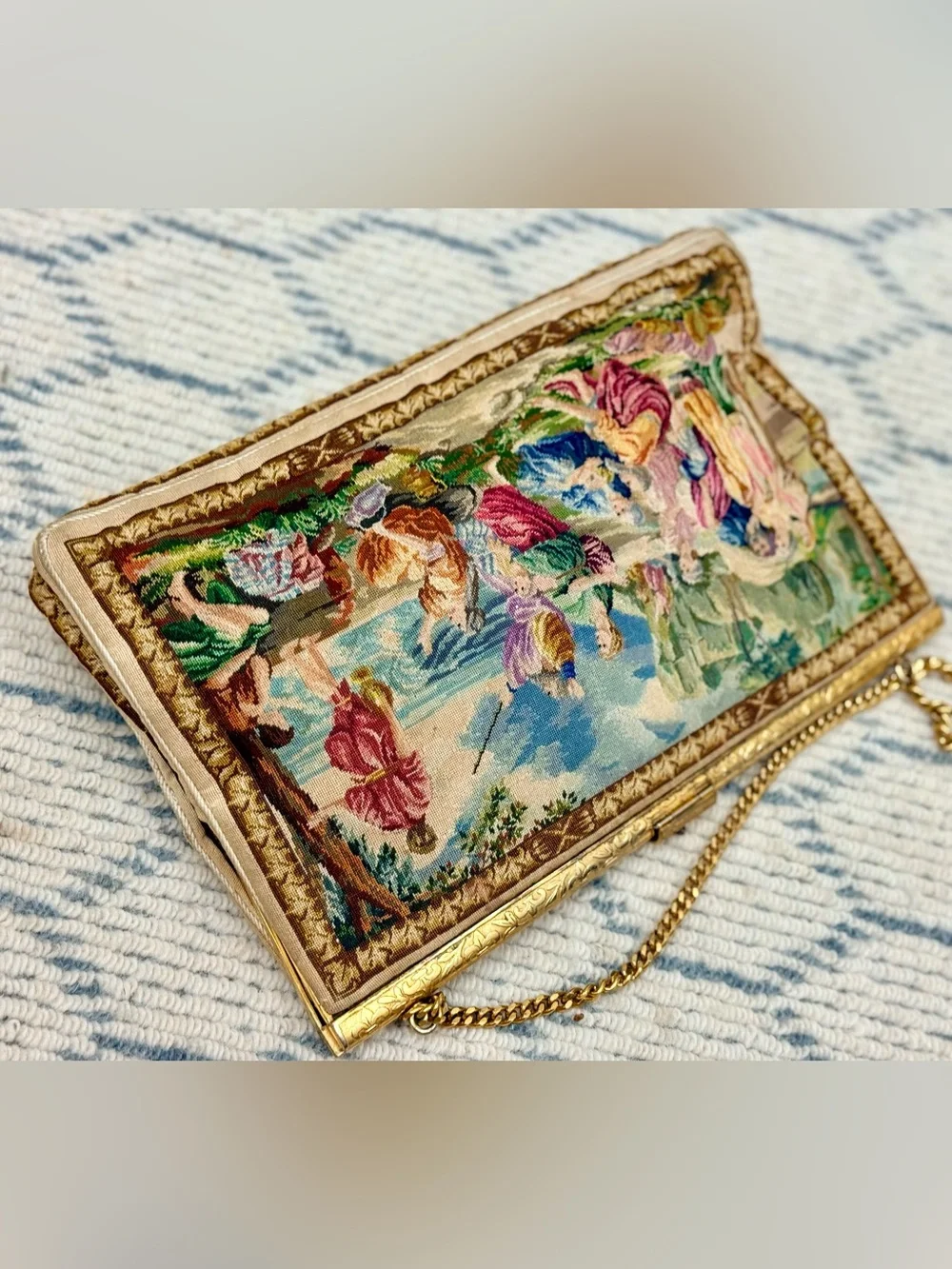 1930’s Vintage Scenic Tapestry Rhinestone Fleur-de-Lis-Clasp Coquette Handbag - Picture 9 of 16